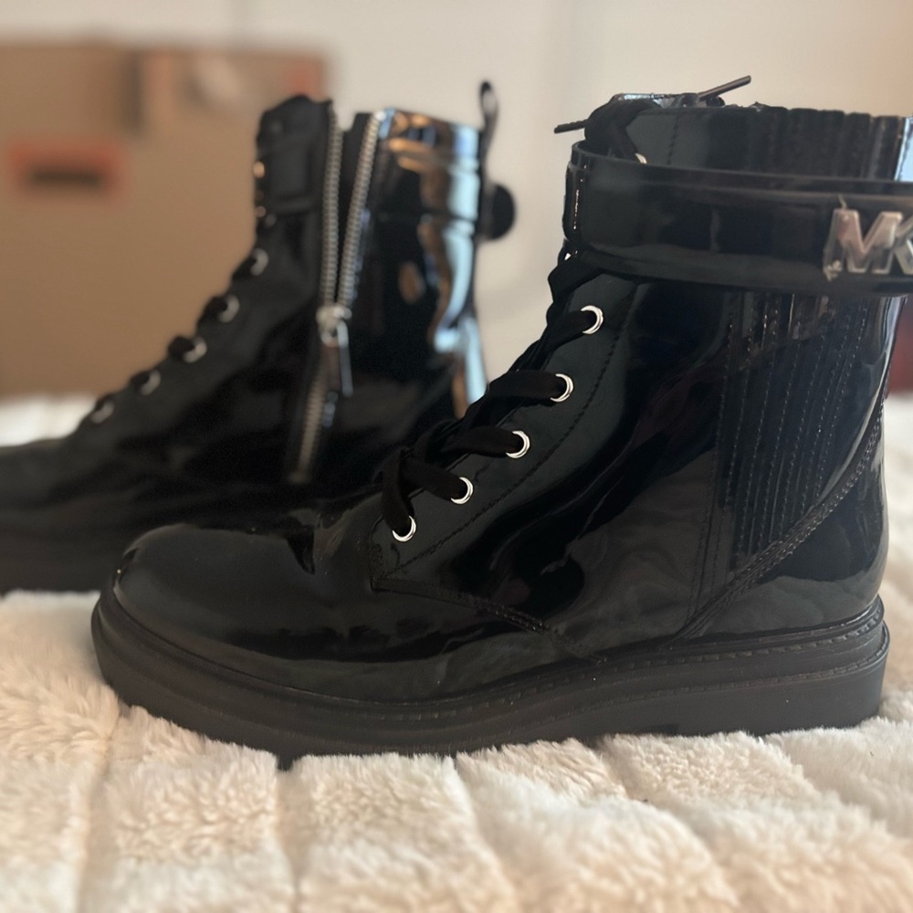 Michael Kors Black Combat Boots with Glossy Finish